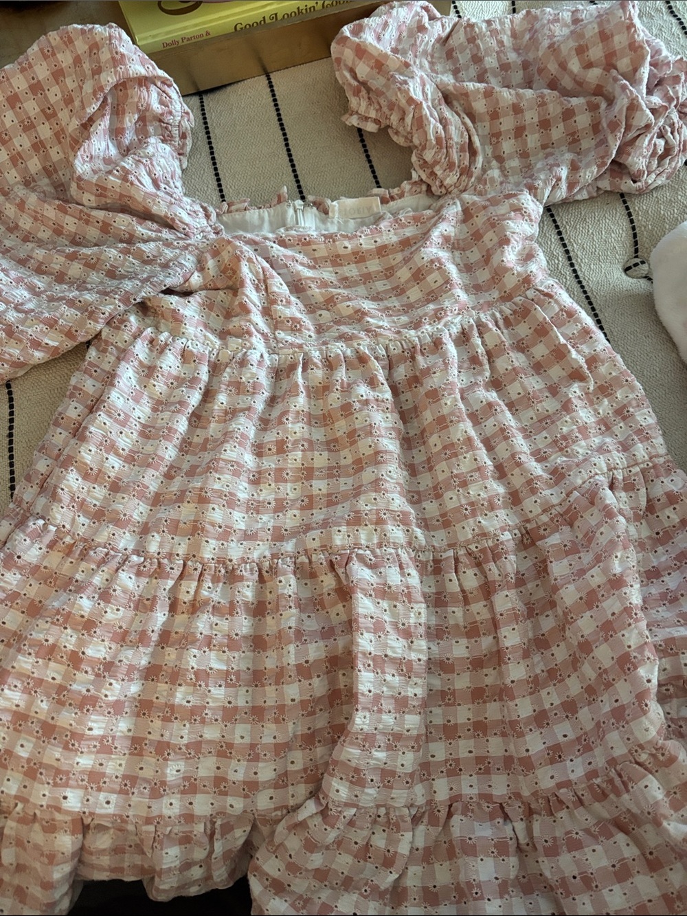 Storia Pink and White Gingham Eyelet Puff-Sleeve Dress
